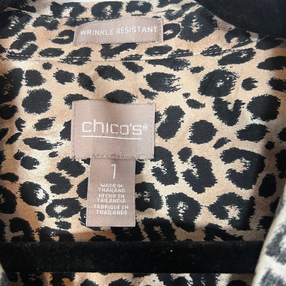 Chico’s Tunic Shirt 1 M Leopard Print Wrinkle Resistant Long Sleeve Cotton Tan - Picture 4 of 7